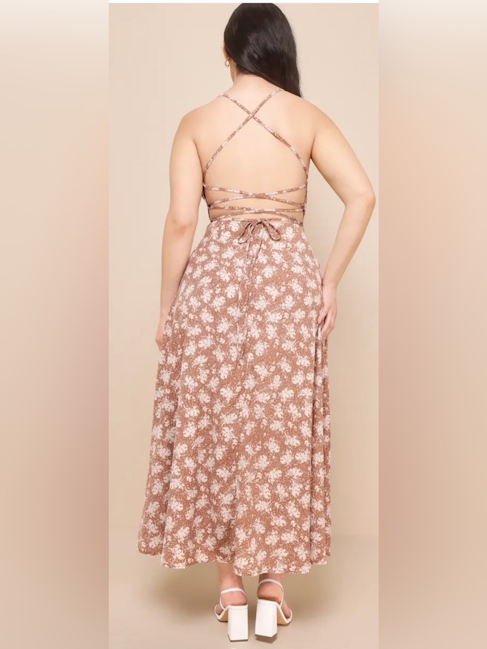 Lulu's Midi Dress Women's Medium Beige Floral Wrap Corset Back - Picture 3 of 8